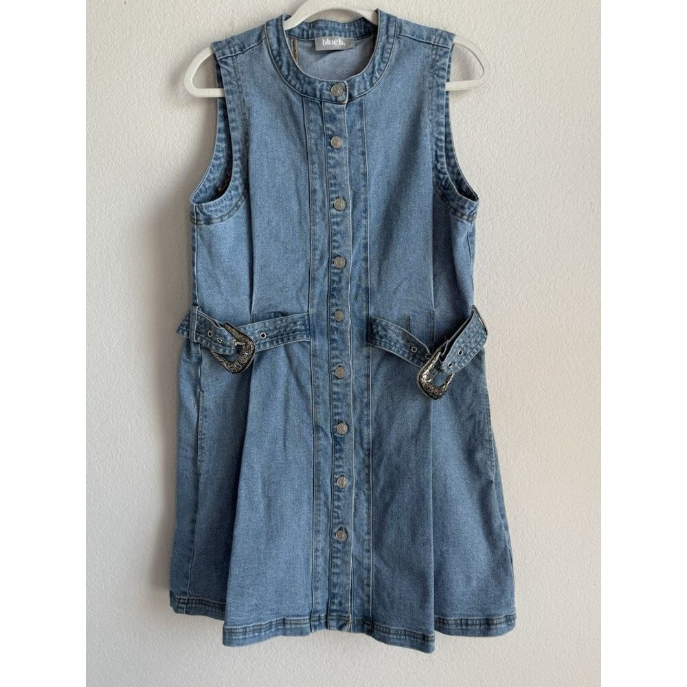 Blue B Denim Mini Dress Belt Buckle Straps Womens Large Festival Concert Western - Picture 11 of 16